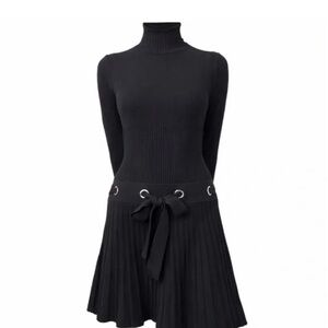 VENUS Black Turtleneck Dress with Stylish Belt